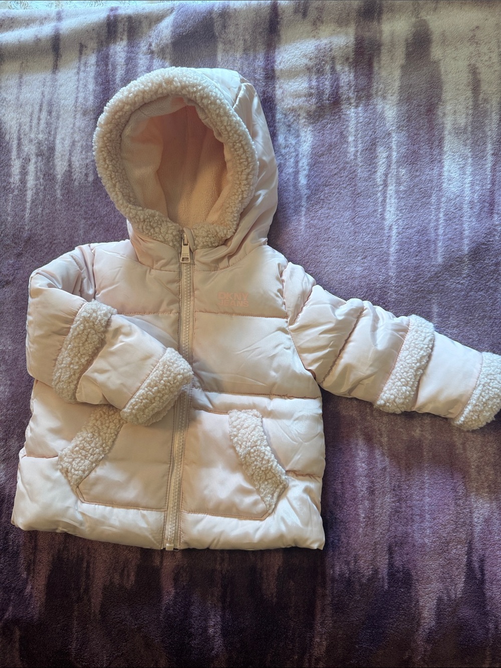 DKNY Pink Toddler Puffer Jacket with Sherpa Hood